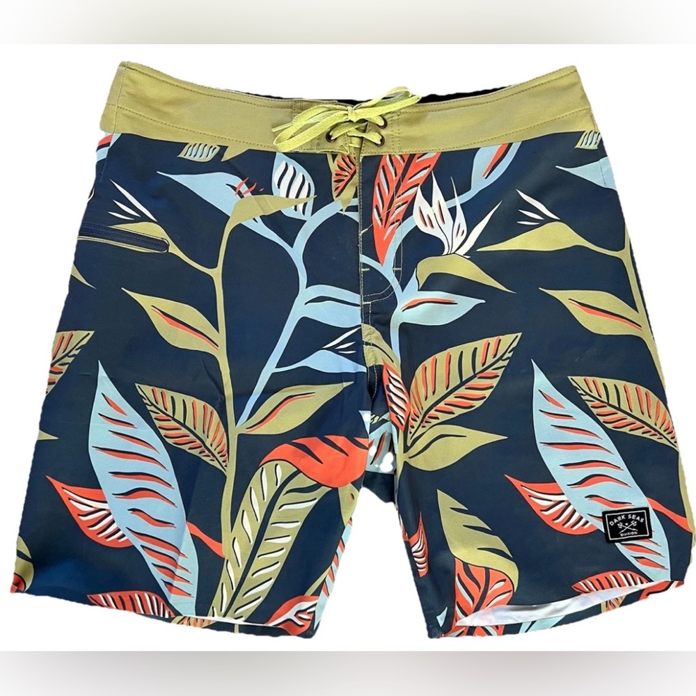 Dark Seas Swim Trunks Mens 31 Green Blue Board Shorts Drawstring Floral Surf